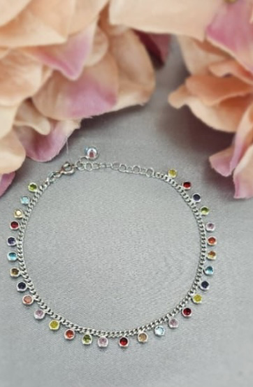 Rainbow coloured cubic zirconia charm bracelet