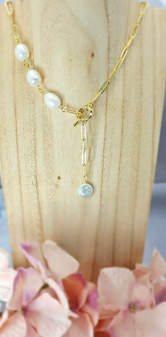 Gold stainless steal paperclip necklace with freshwater pearls