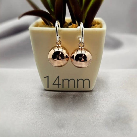 Sterling silver pretty woman hoops with 14mm rose gold plated balls