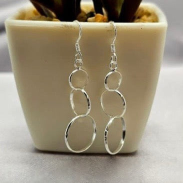 A pair of sterling silver drop earrings displayed in a white vase with a plant background.