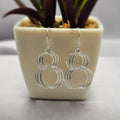 A pair of sterling silver double interlinked ring earrings displayed in front of a potted plant.