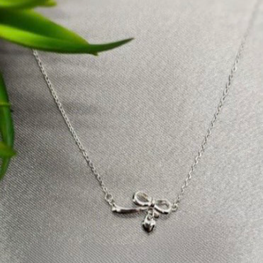 A sterling silver necklace with a bow and a small heart-shaped pendant, displayed on a grey background with a plant in the background.