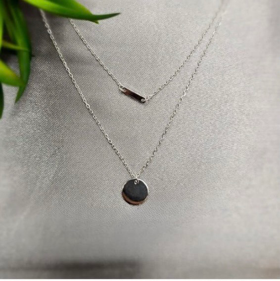 Sterling Silver Double Necklace With Round And Rectangular Disc
