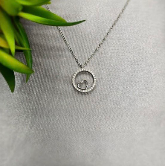 Cubic Zirconia Pavé Circle With Pretty Heart In Centre, Necklace