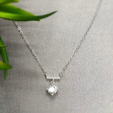 A sterling silver necklace with a cubic zirconia pendant hanging from a horizontal bling tube, displayed against a grey background with a green leaf.