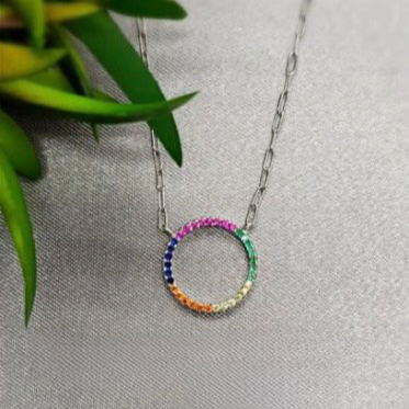 A sterling silver necklace with a circular pendant adorned with rainbow-coloured cubic zirconia stones, displayed against a plant backdrop.