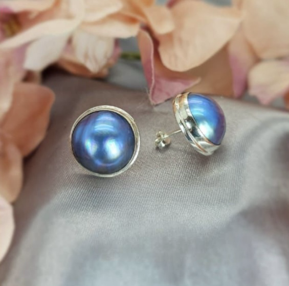 Stunning 17mm blue a mabe pearl studs