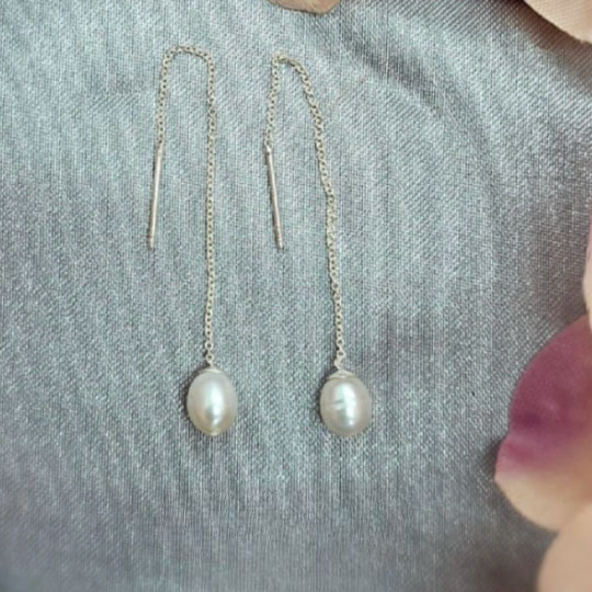 Sterling Silver Chain Earring With Freshwater Pearl On End - Terciany 