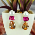 Stunning Eye Catching Pink And Topaz Cubic Zirconia Drop Earrings With Freshwater Pearl Base - Terciany 