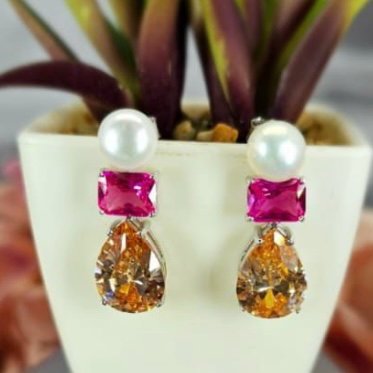 Stunning Eye Catching Pink And Topaz Cubic Zirconia Drop Earrings With Freshwater Pearl Base