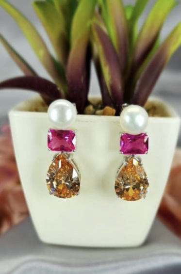 Stunning eye catching pink and topaz cubic zirconia drop earrings with freshwater pearl base