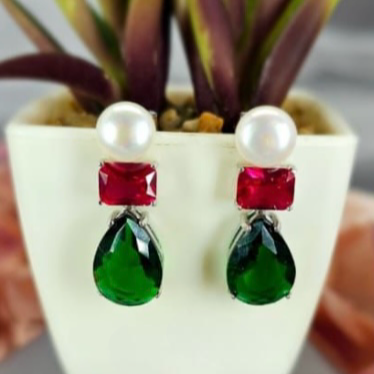 Eye Catching Freshwater Pearl Drop Earrings With Green And Red Cubic Zirconia