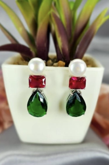 Eye catching freshwater pearl drop earrings with green and red cubic zirconia