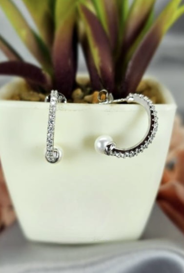 Cubic zirconia pavé hoop earrings with 18mm pearls on end