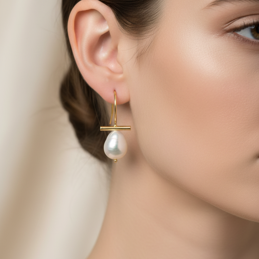 A pair of gold earrings with freshwater pearls on ends, displayed in a white vase with a green plant.