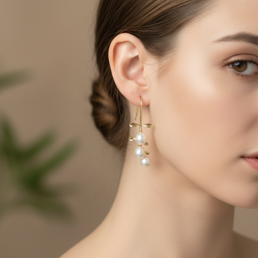 A pair of gold-colored drop earrings with pearl drops displayed in a white vase, with a green plant in the background.
