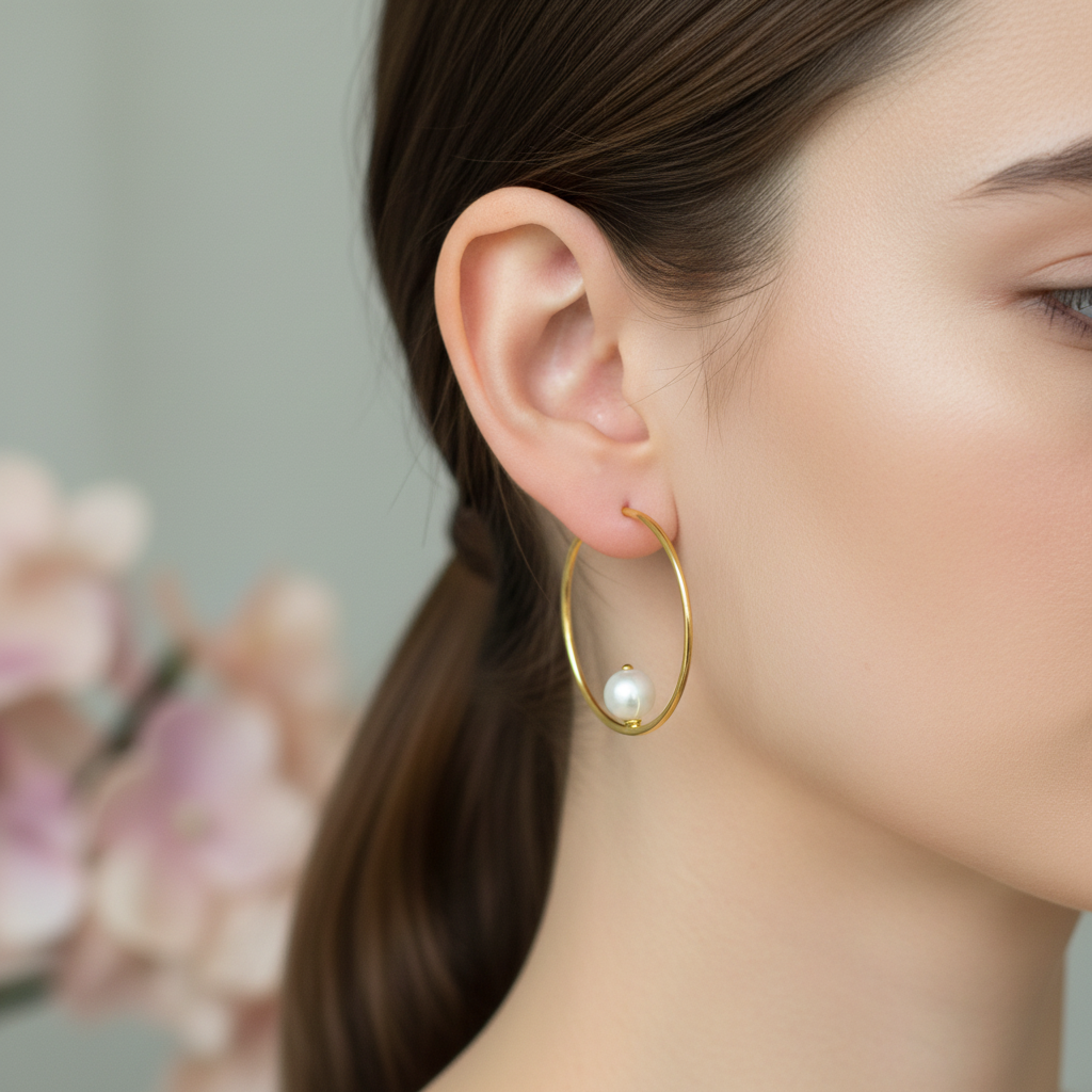 Gold plated sterling silver hoop earrings with freshwater pearls on a silky grey background with flower petals scattered around.