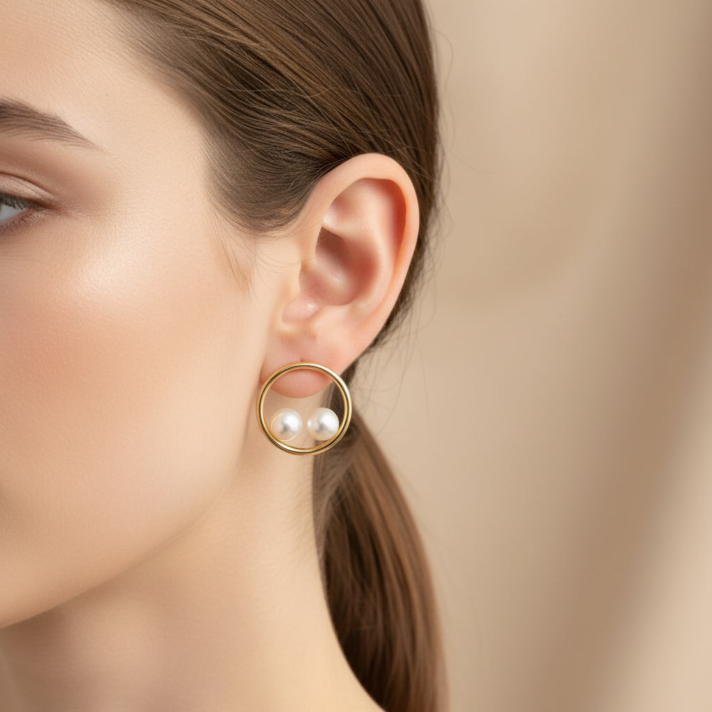 A pair of gold round stud earrings with two freshwater pearls on a silver background.