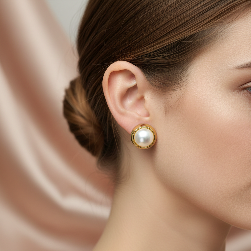 A pair of gold stud earrings with a freshwater pearl on a textured grey background with flower petals scattered around.