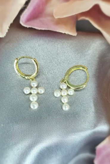Gold Hoop Earrings with Freshwater Pearl Cross