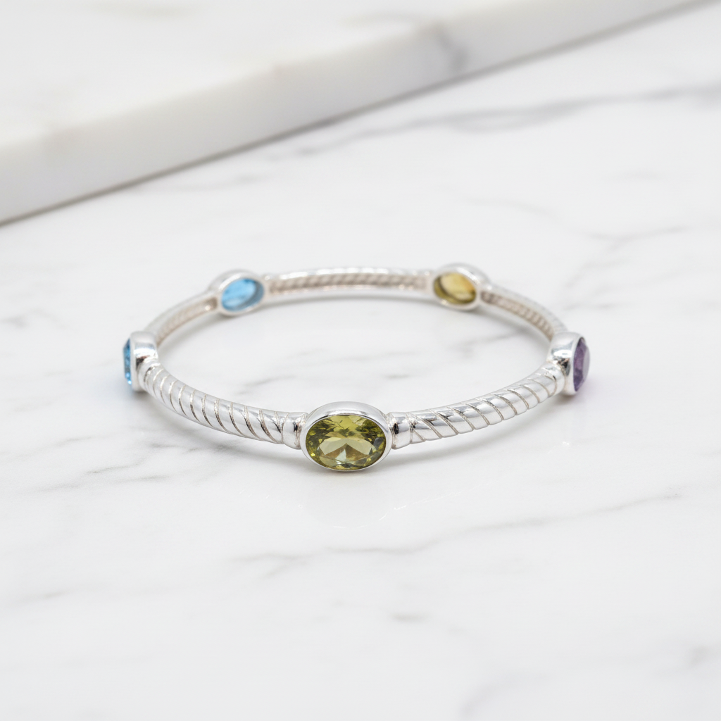 Sterling Silver Bangle With Rainbow Colour Stones - Terciany 