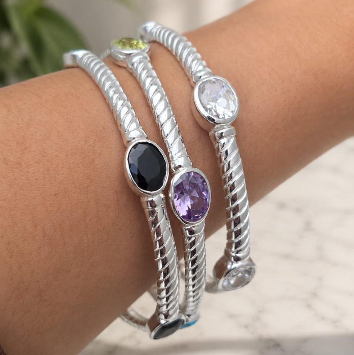 Sterling Silver Bangle With Rainbow Colour Stones - Terciany 