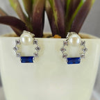 Freshwater Pearl 13Mm Circle Detailed Stud With Blue And White Cubic