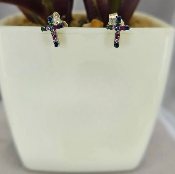 9mm Rainbow coloured cubic zirconia cross studs