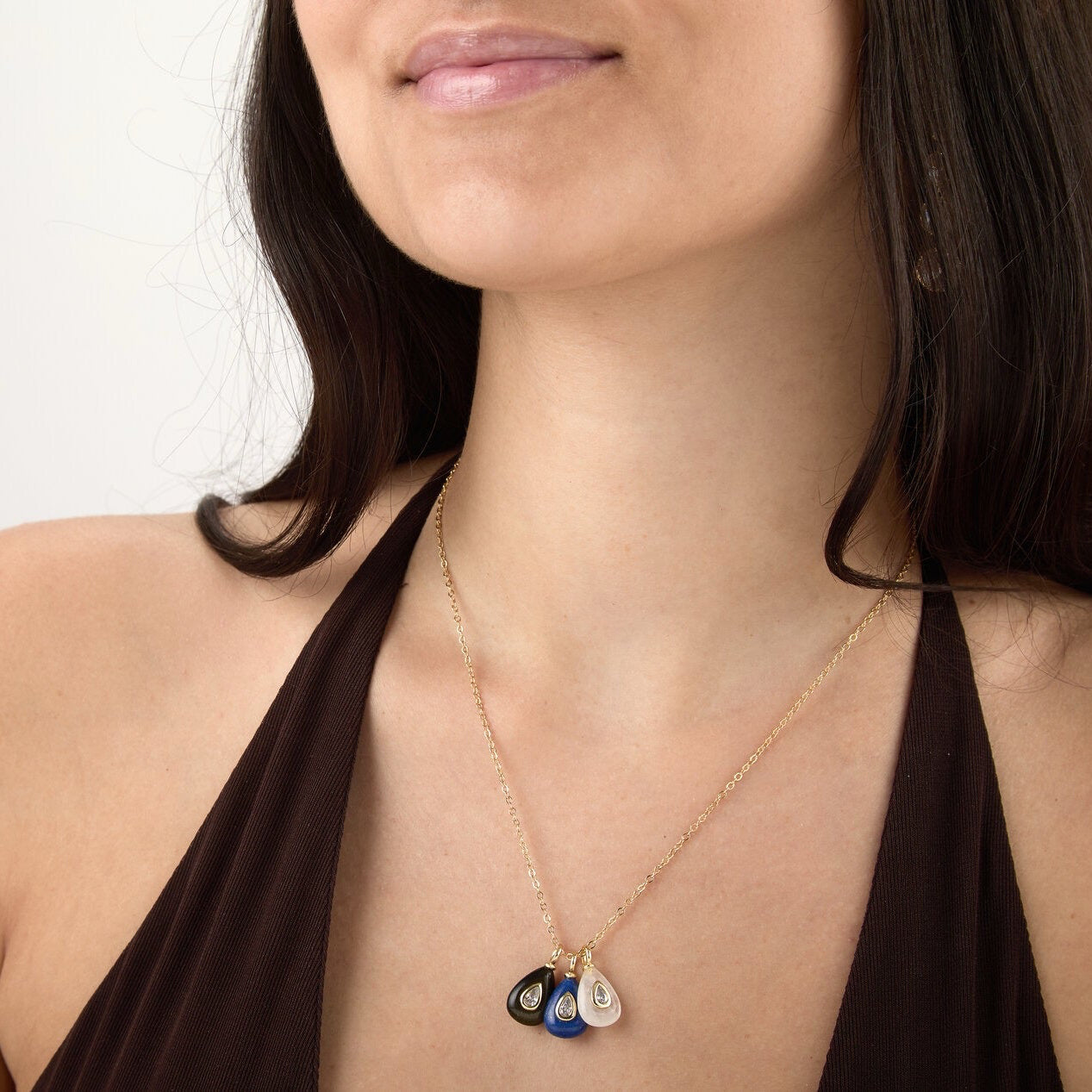 White Quartz, Lapis Lazuli and Golden Obsidian Tripple Teardrop Necklace