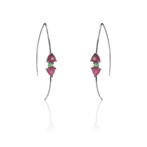Pair of earrings with pink and green beads on a white background