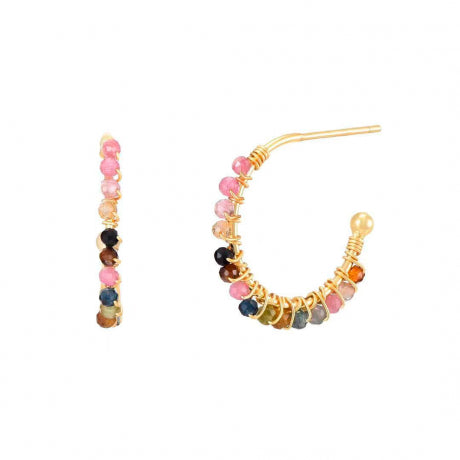 Colorful beaded hoop earrings on a white background