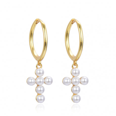 Gold hoop earrings with pearl cross designs on a white background