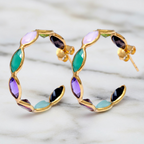 Semi Precious Stones 30 mm Hoop Earrings In Gold Setting - Terciany 