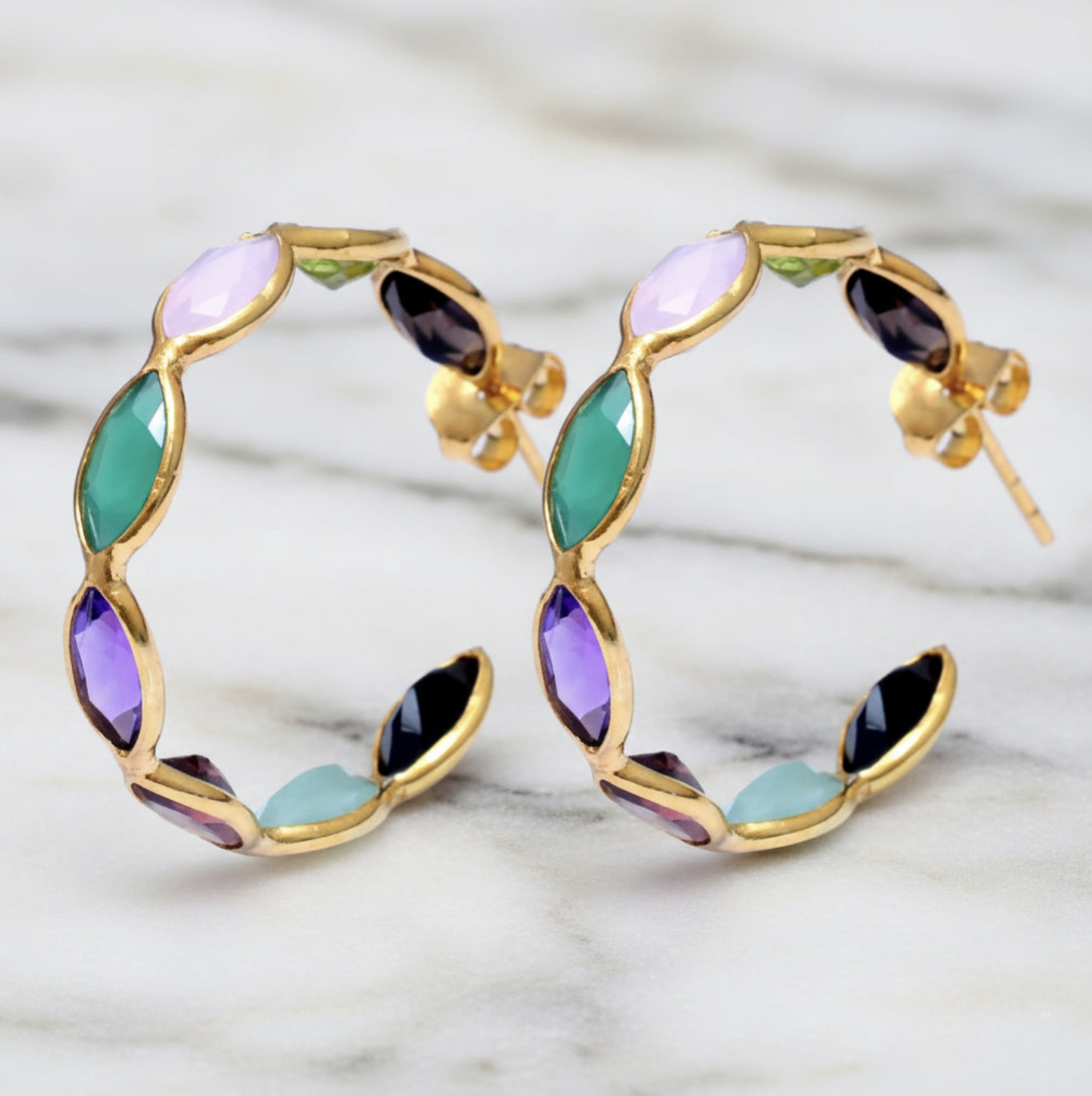 Semi Precious Stones 30 mm Hoop Earrings In Gold Setting