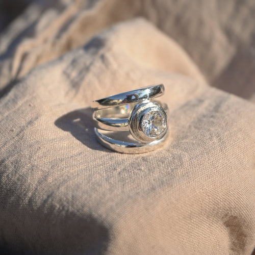 Statement Triple Band Ring With Large Clear Cubic Zirconia - Terciany 