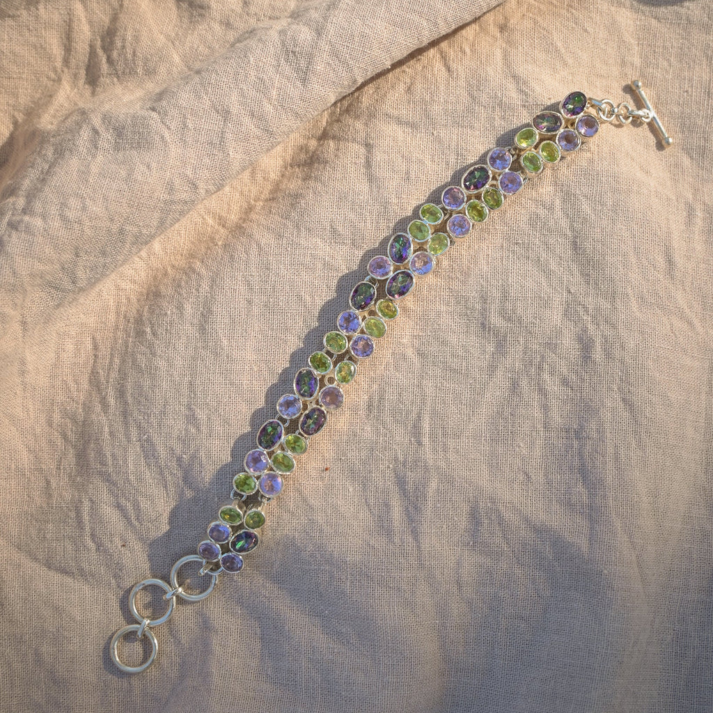 Statement Bracelet With Peridot, Amethyst And Mystic Topaz Semi Precious Stones