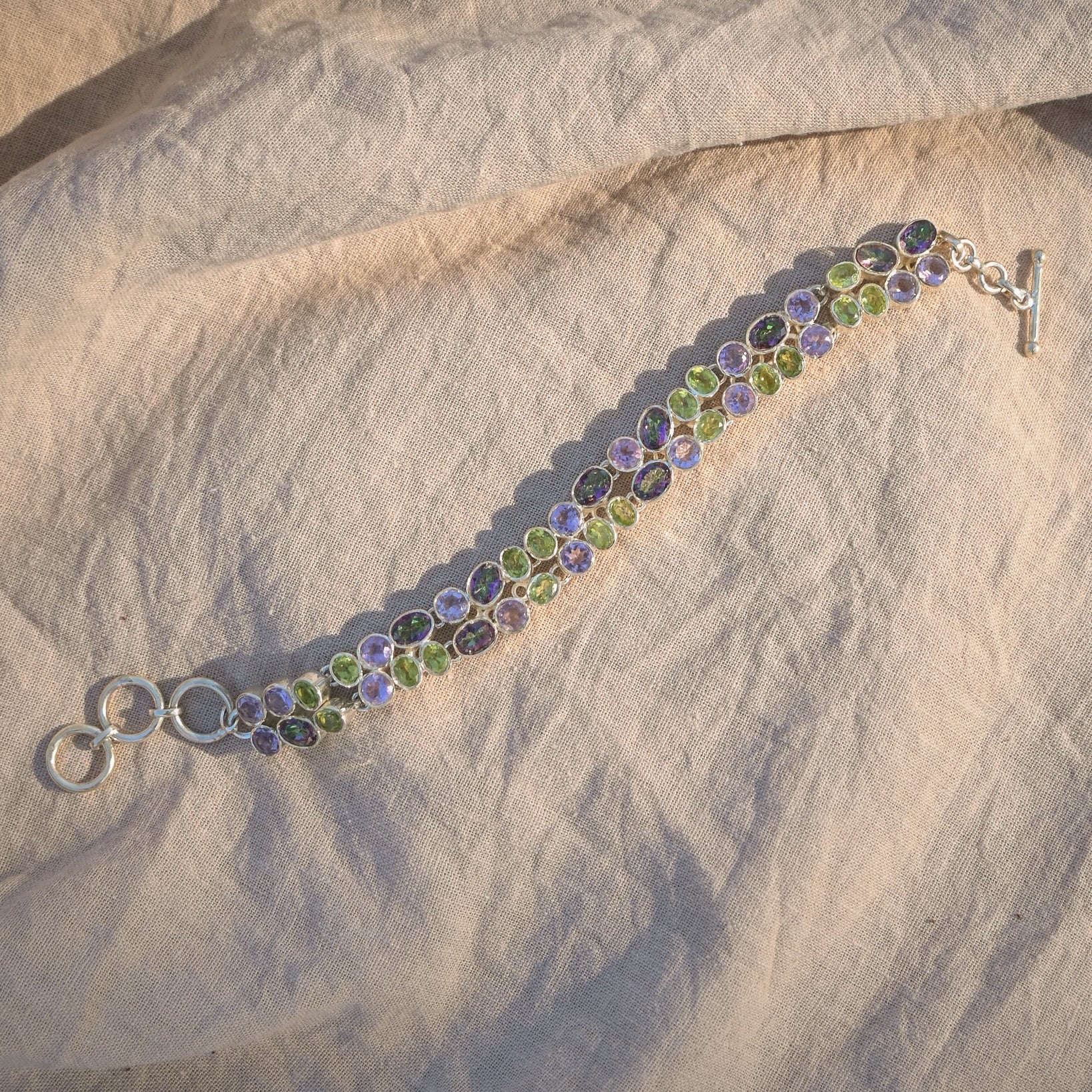 Statement Bracelet with Peridot, amethyst and Mystic topaz semi precious stones