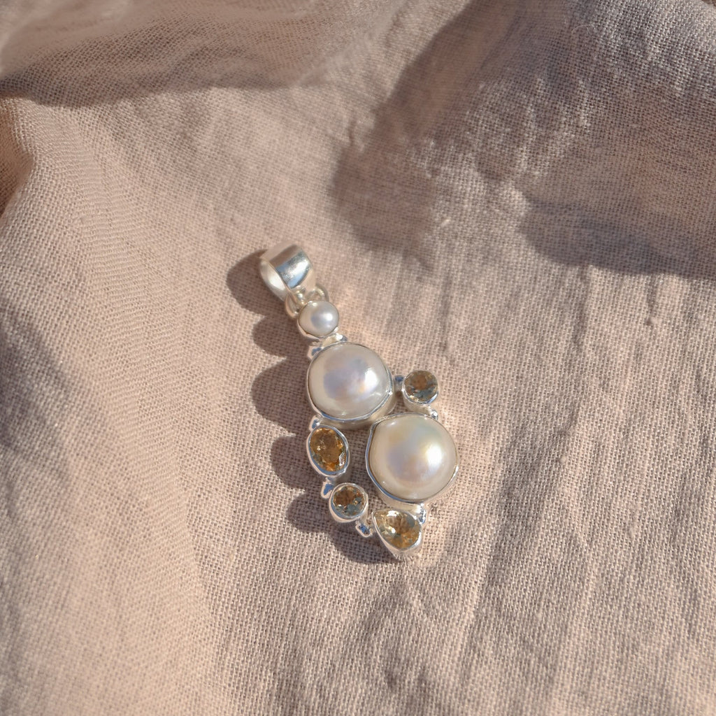 Pendant With Citrine Semi Precious Stones And Freshwater Pearls