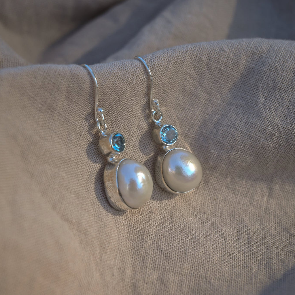 Blue Topaz And Freshwater Pearl Drop Earrings