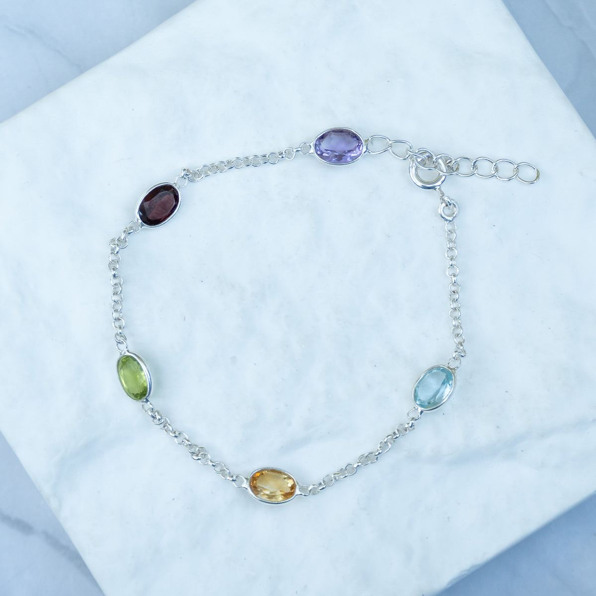 Sterling Silver Multi-Gemstone Oval Stone Bracelet – Amethyst, Garnet, Peridot, Citrine & Blue Topa