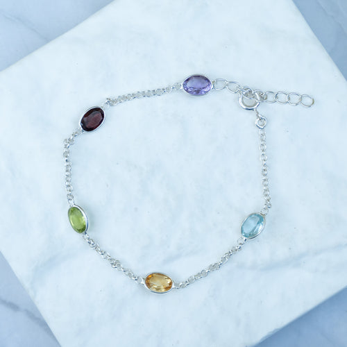 Sterling Silver Multi-Gemstone Oval Stone Bracelet – Amethyst, Garnet, Peridot, Citrine & Blue Topa
