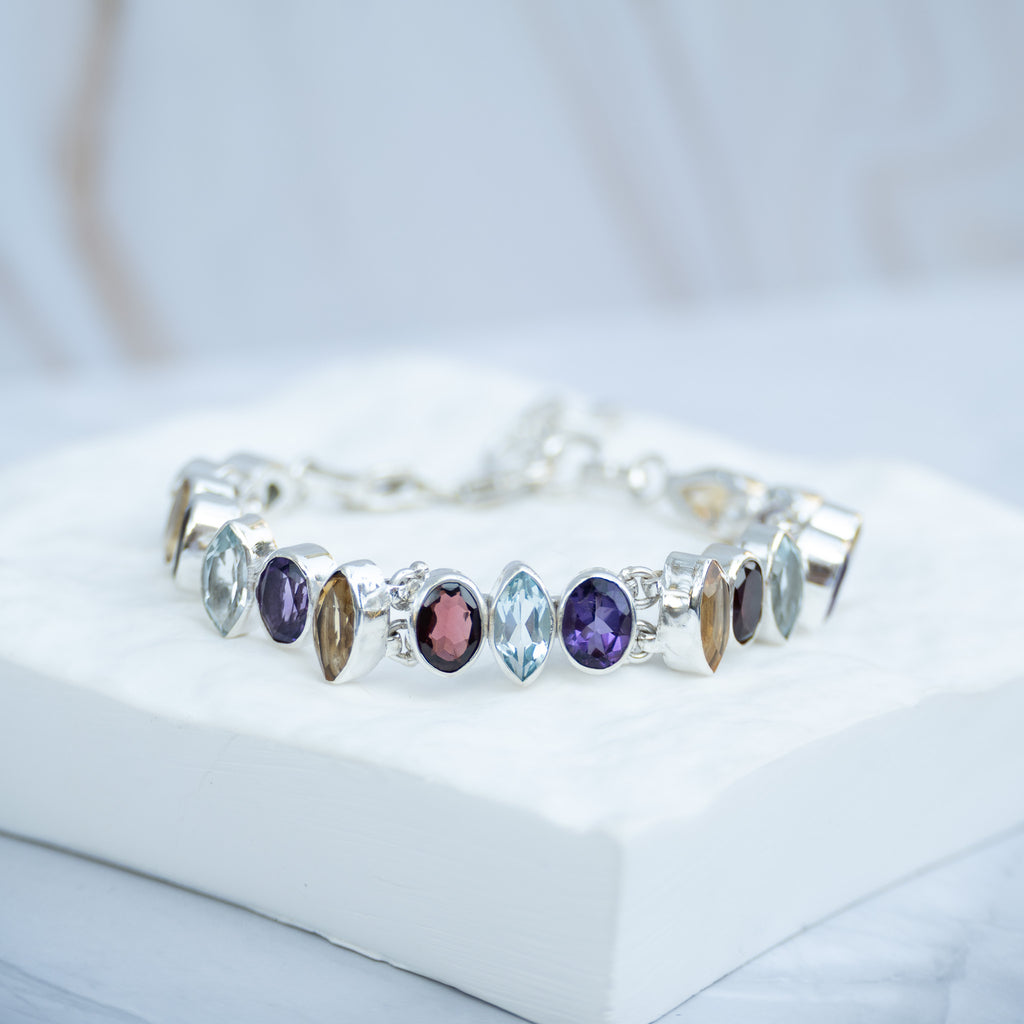 Sterling Silver Multi-Gemstone Adjustable Bracelet – Garnet, Amethyst, Blue Topaz & Citrine