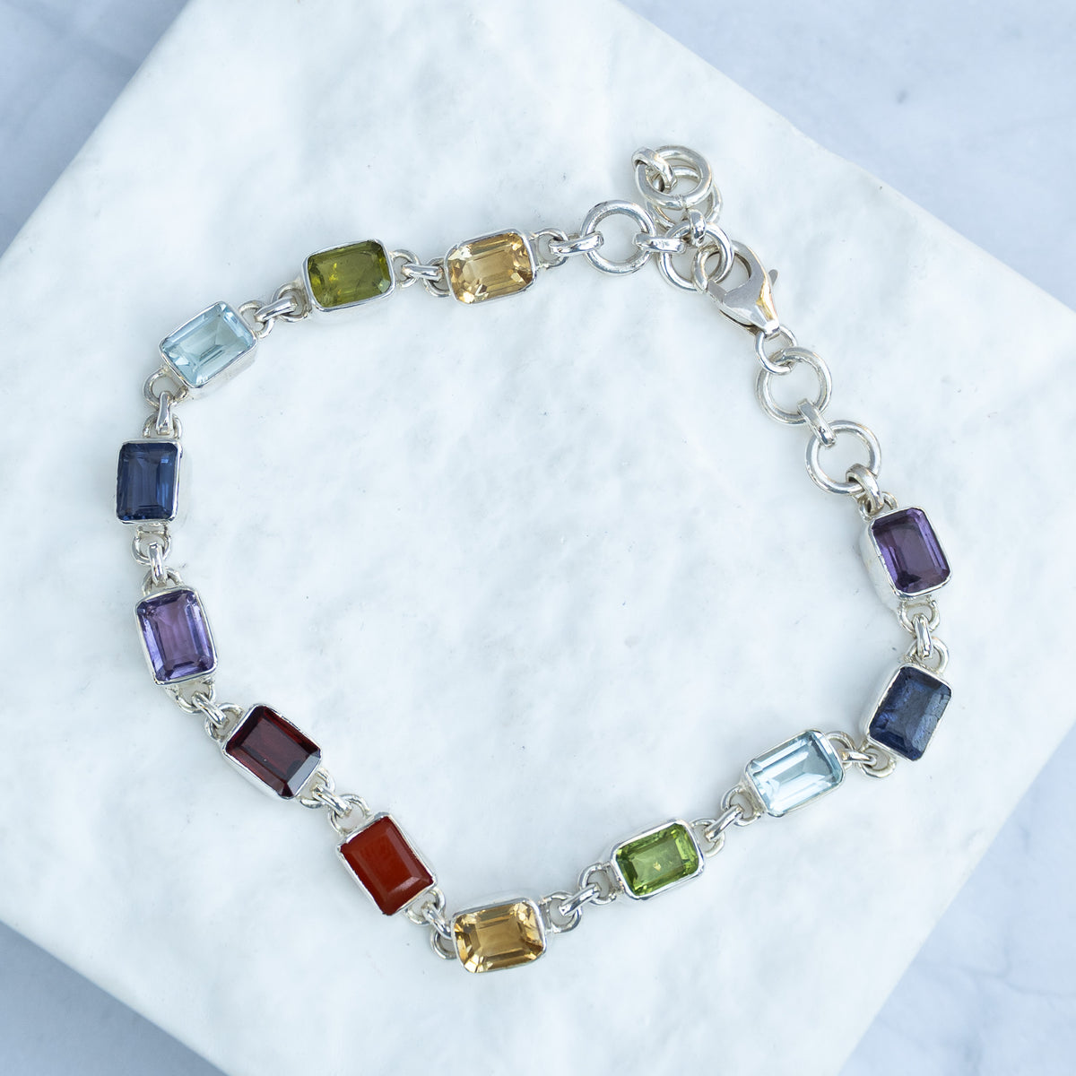 Sterling Silver Multi-Gemstone Rectangular Bracelet – Amethyst, Garnet, Citrine, Blue Topaz, Peridot & Carnelian