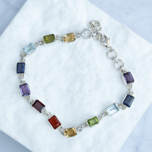 Sterling Silver Multi-Gemstone Rectangular Bracelet – Amethyst, Garnet, Citrine, Blue Topaz, Peridot & Carnelian
