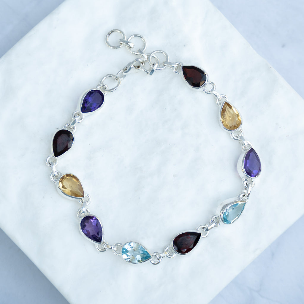 Sterling Silver Multi-Gemstone Teardrop Bracelet – Amethyst, Garnet, Citrine & Blue Topaz