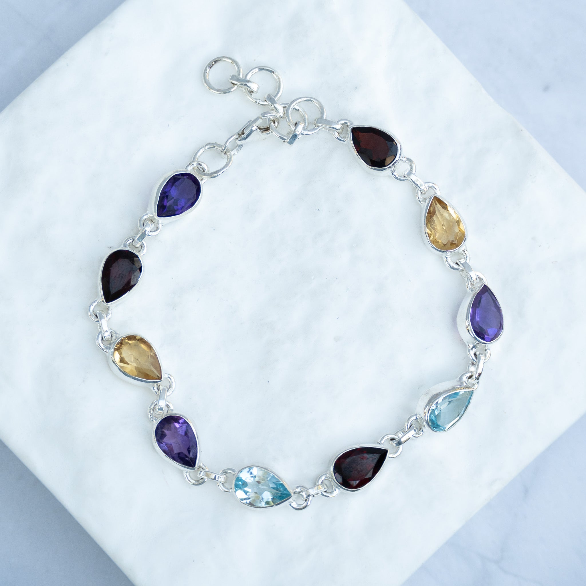 Sterling Silver Multi-Gemstone Teardrop Bracelet – Amethyst, Garnet, Citrine & Blue Topaz