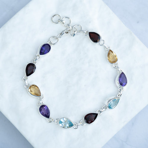 Sterling Silver Multi-Gemstone Teardrop Bracelet – Amethyst, Garnet, Citrine & Blue Topaz