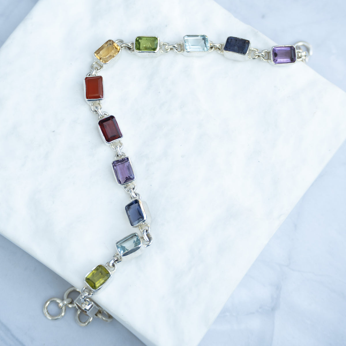 Sterling Silver Multi-Gemstone Rectangular Bracelet – Amethyst, Garnet, Citrine, Blue Topaz, Peridot & Carnelian