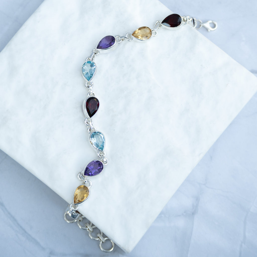 Sterling Silver Multi-Gemstone Teardrop Bracelet – Amethyst, Garnet, Citrine & Blue Topaz