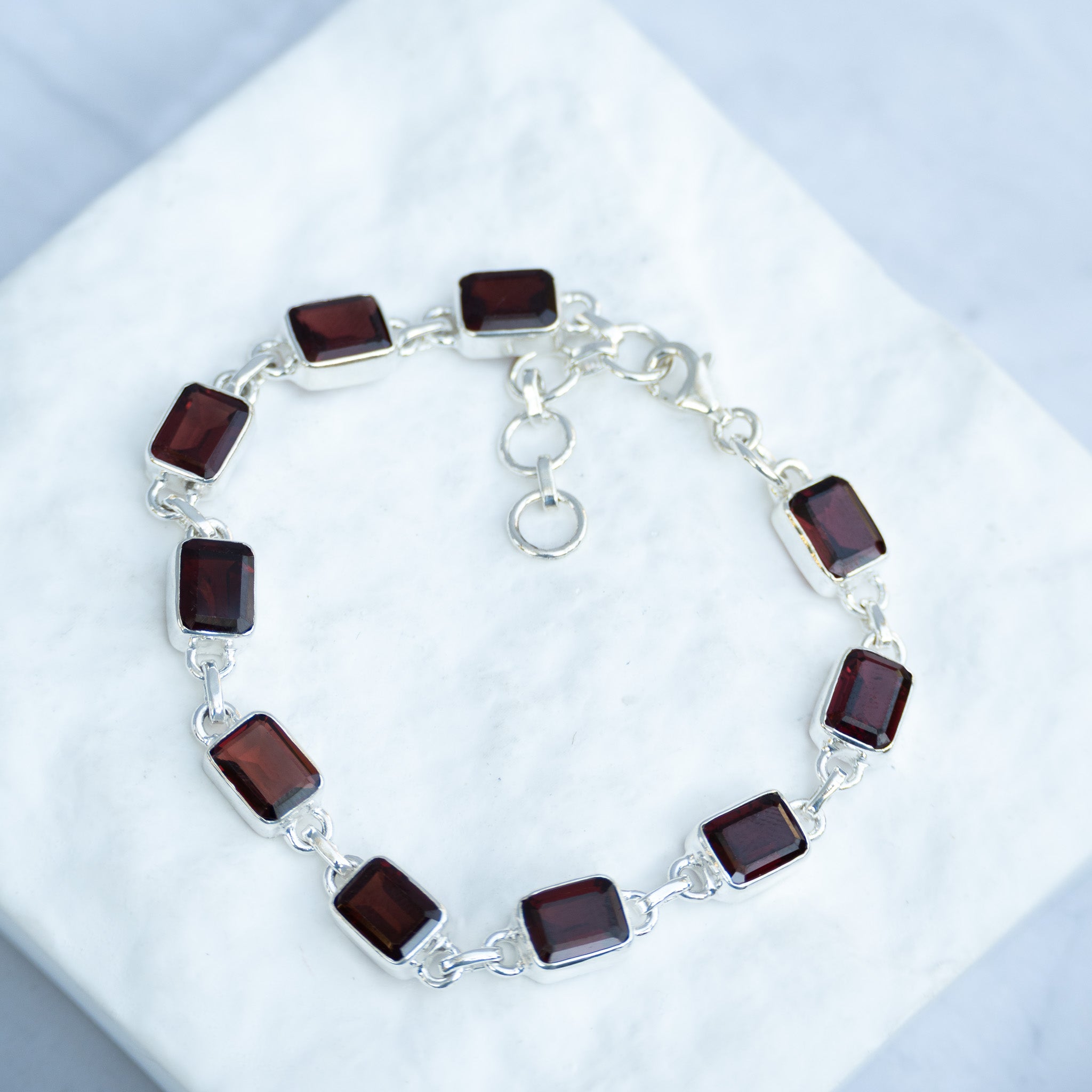 Sterling Silver Rectangular Garnet Gemstone Bracelet – 19 + 3cm